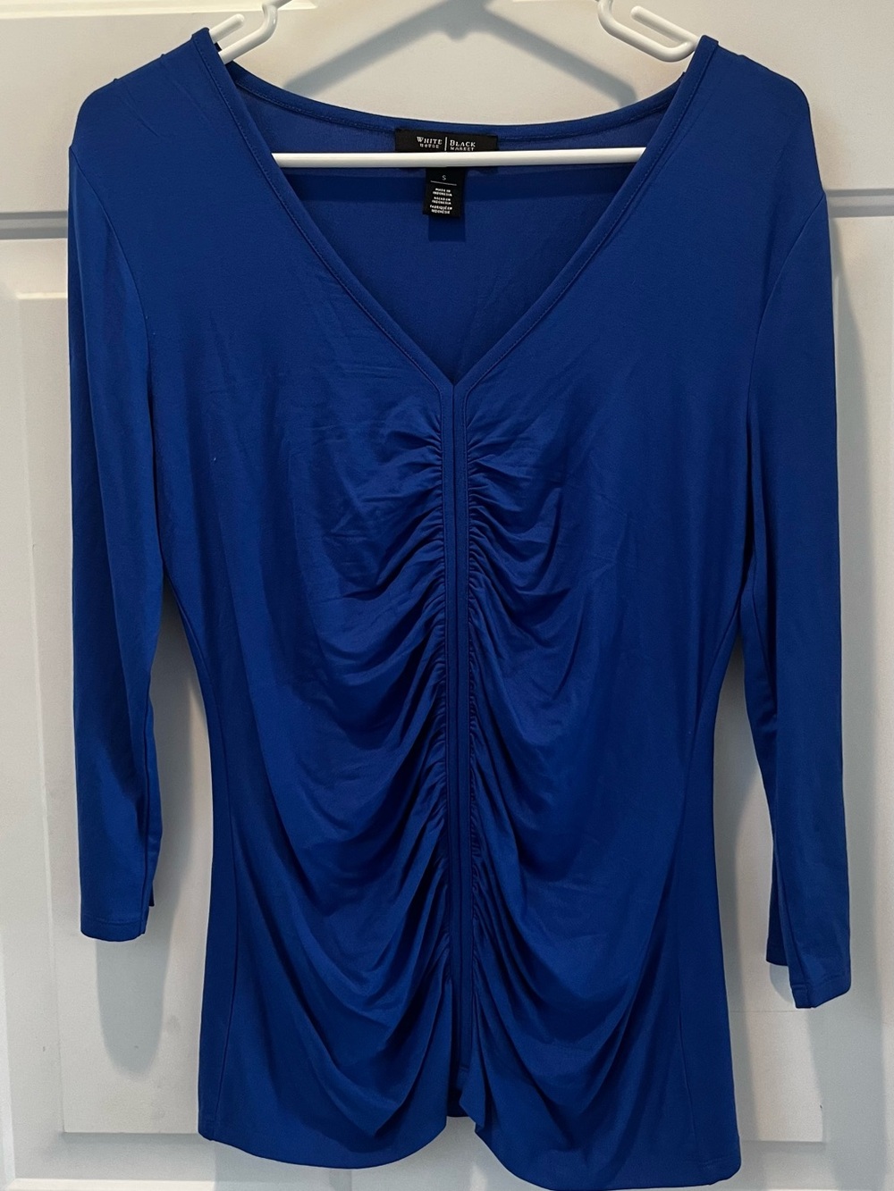 White House Black Market Royal Blue Ruched V-Neck Top